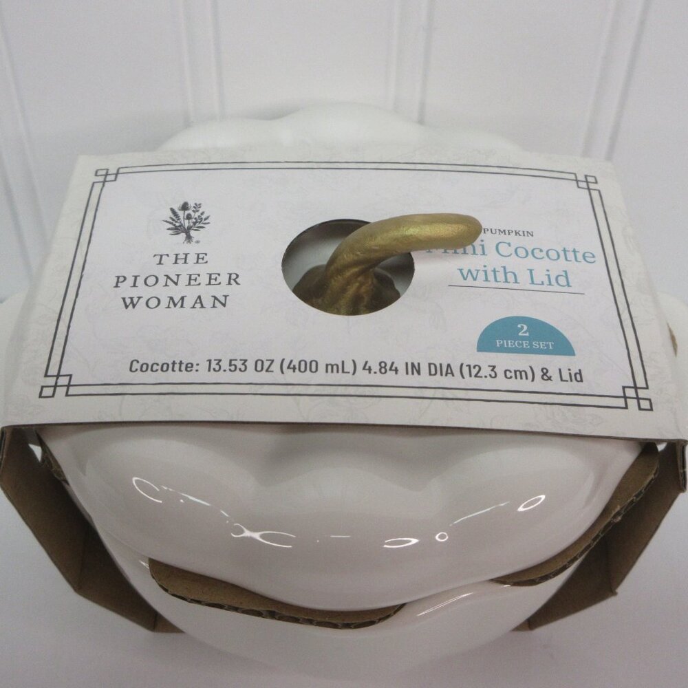 Pioneer Woman Ceramic Pumpkin Mini Dutch Oven Cocotte w/ Lid White Casserole